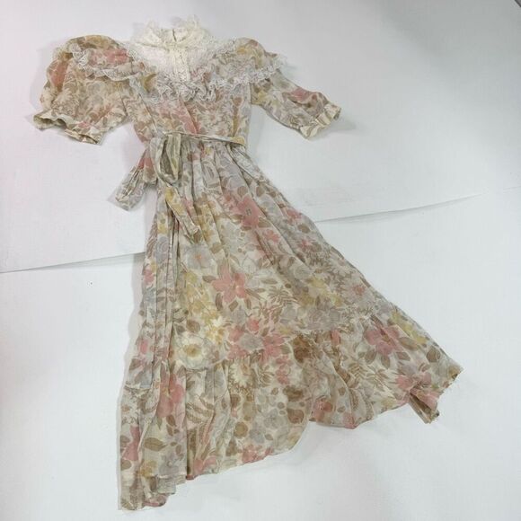 Edwardian Dress Womens XS Floral Cottagecore Knee Length Lace Tan Puff Sleeve - Picture 1 of 10